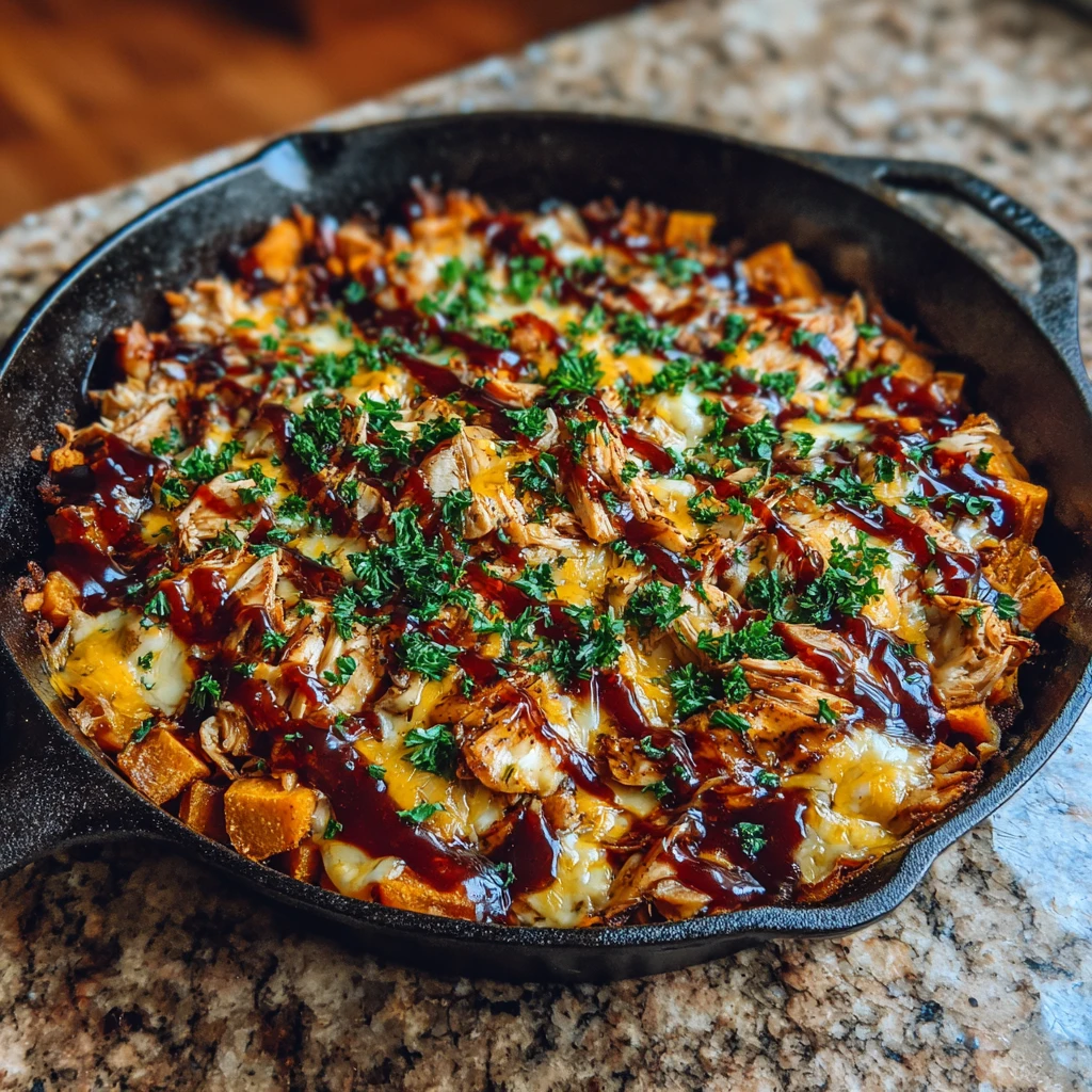 Sweet Potato Skillet with BBQ Chicken & Cheese