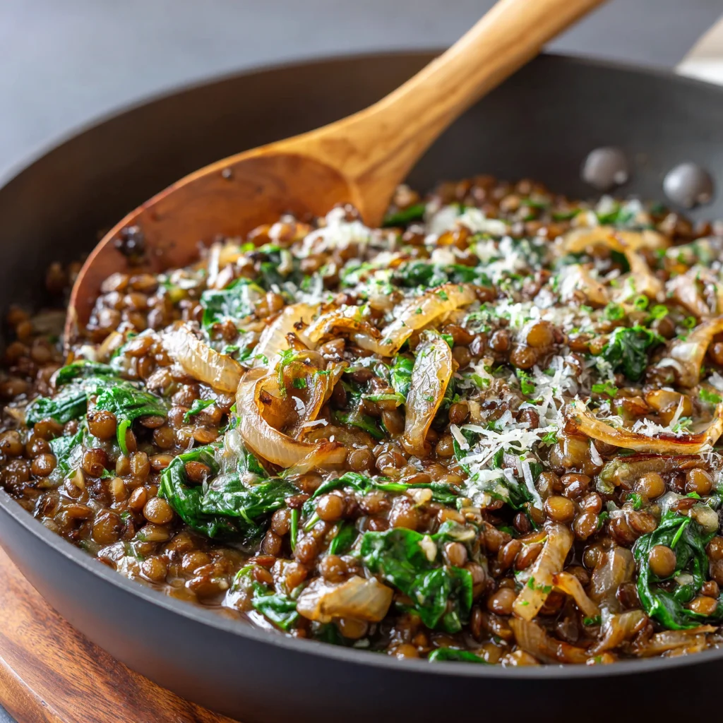 Caramelized Onion & Spinach Lentil Skillet