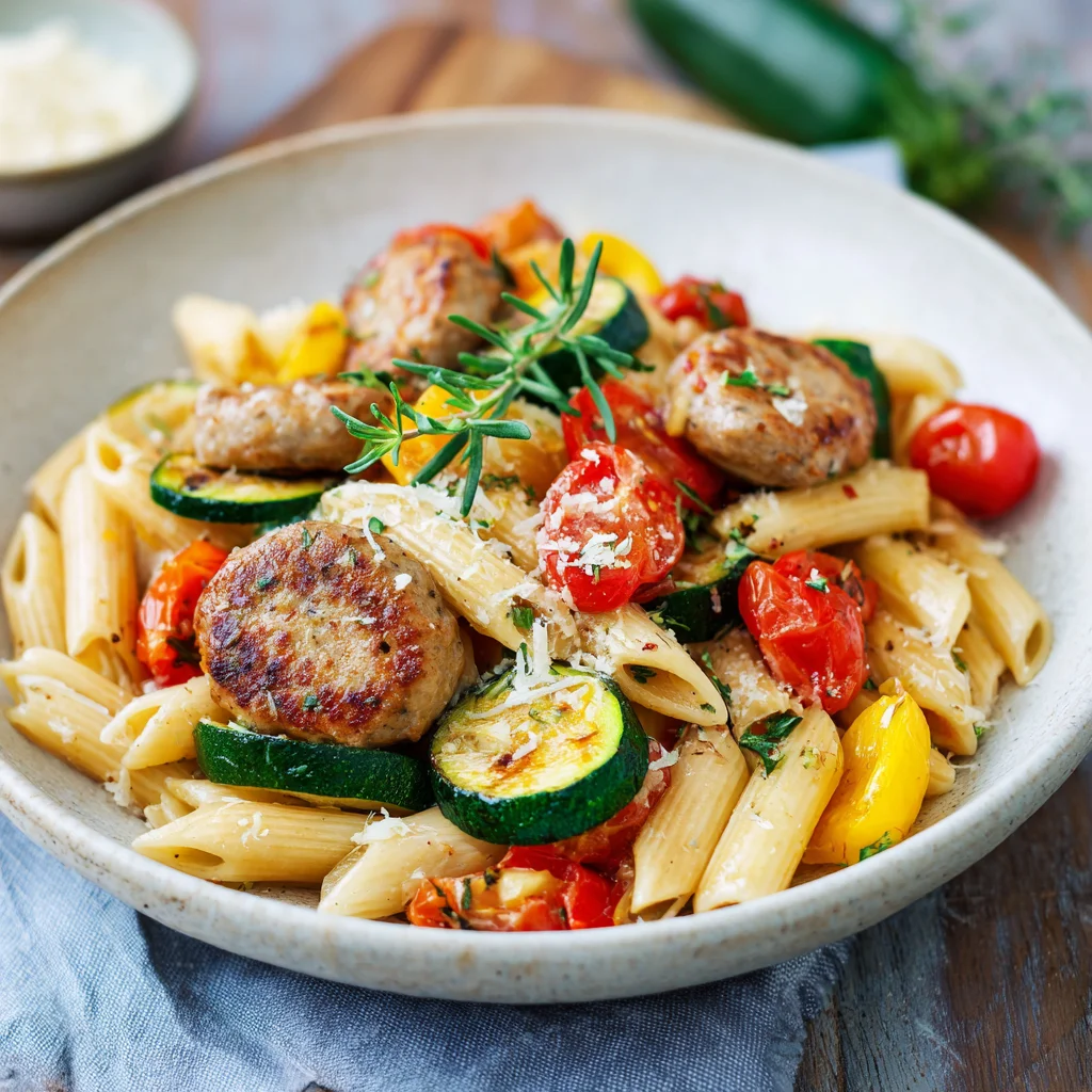 Chicken Sausages with Zucchini, Tomatoes & Pasta