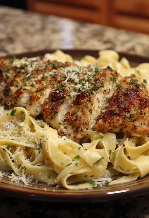 Garlic Parmesan Chicken with Fettuccine