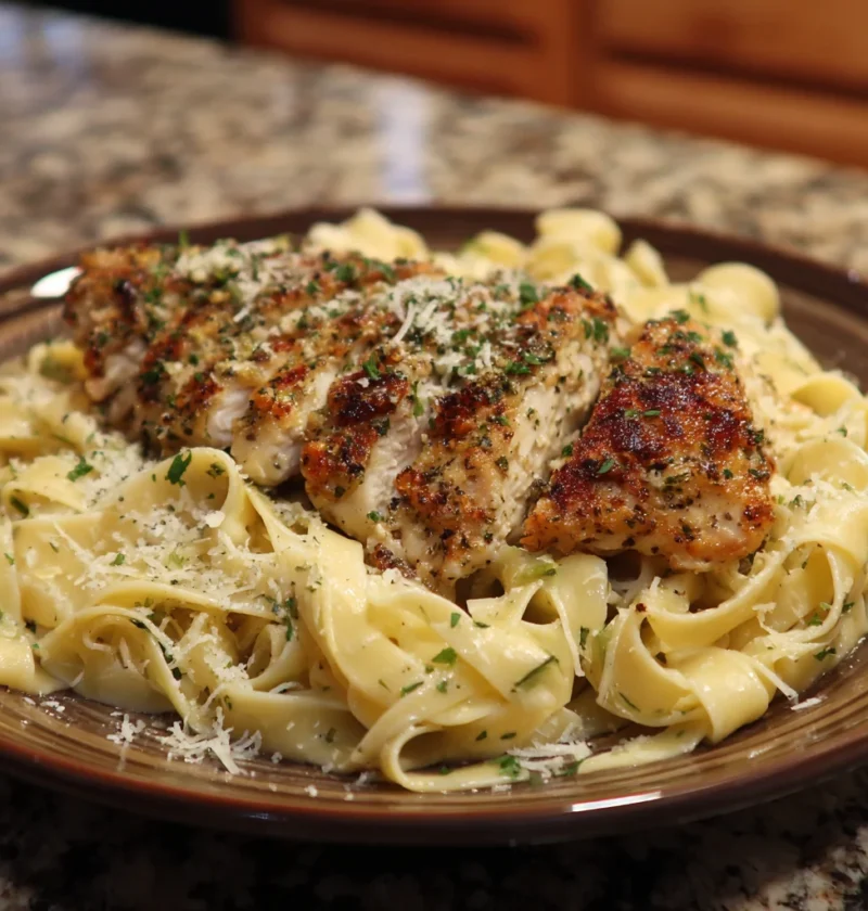 Garlic Parmesan Chicken with Fettuccine