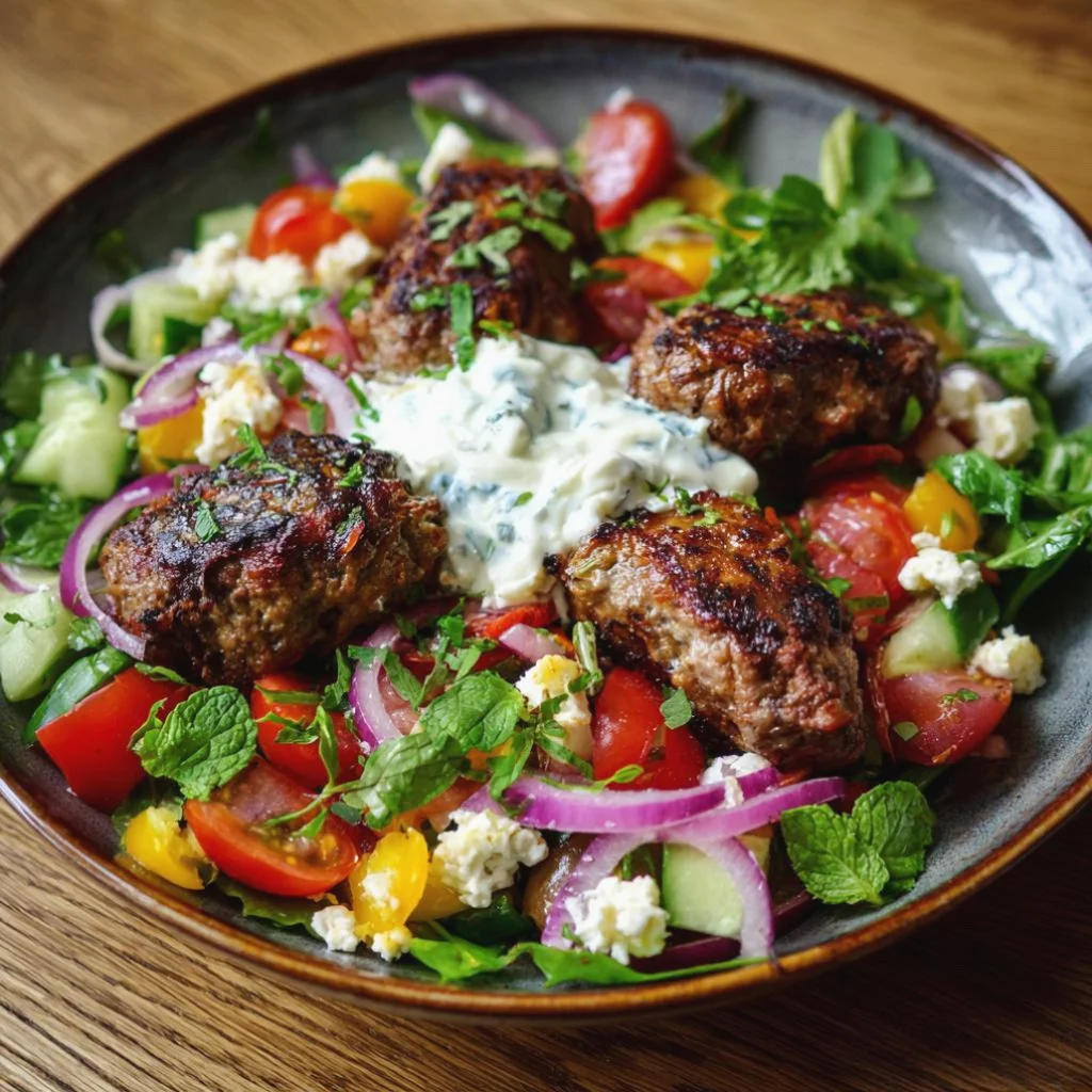 Greek Lamb Kofta Salad with Fresh Herbs & Tzatziki