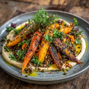 Roasted Carrots and Lentil Salad with Hummus