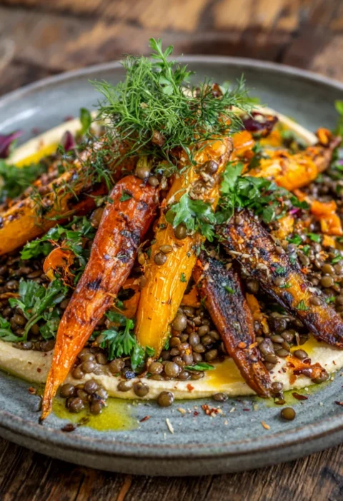 Roasted Carrots and Lentil Salad with Hummus