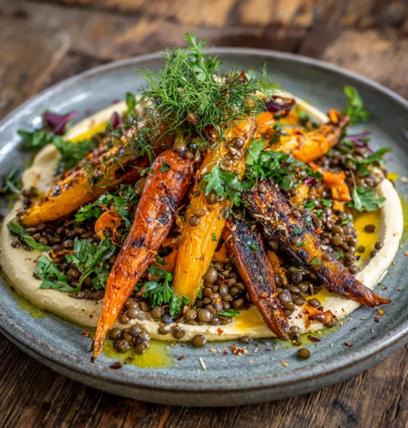 Roasted Carrots and Lentil Salad with Hummus