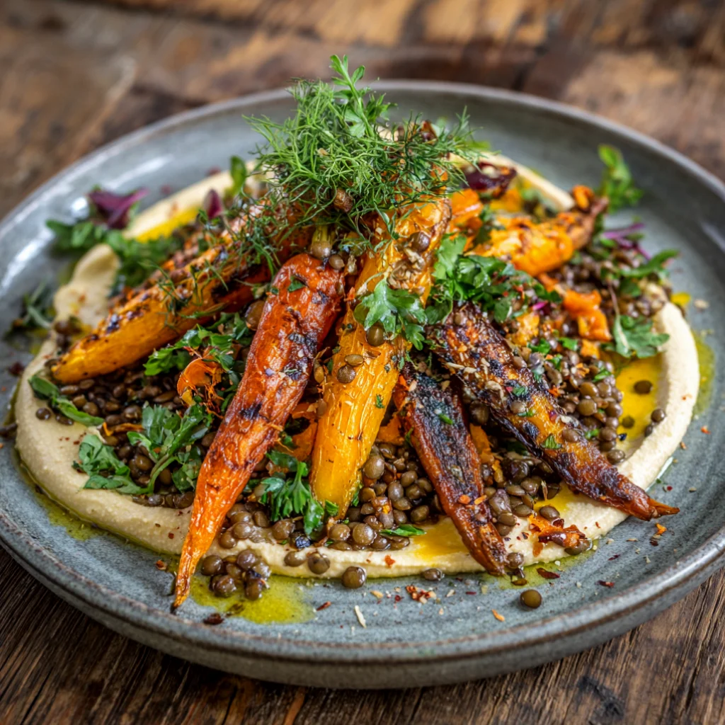 Roasted Carrots and Lentil Salad with Hummus