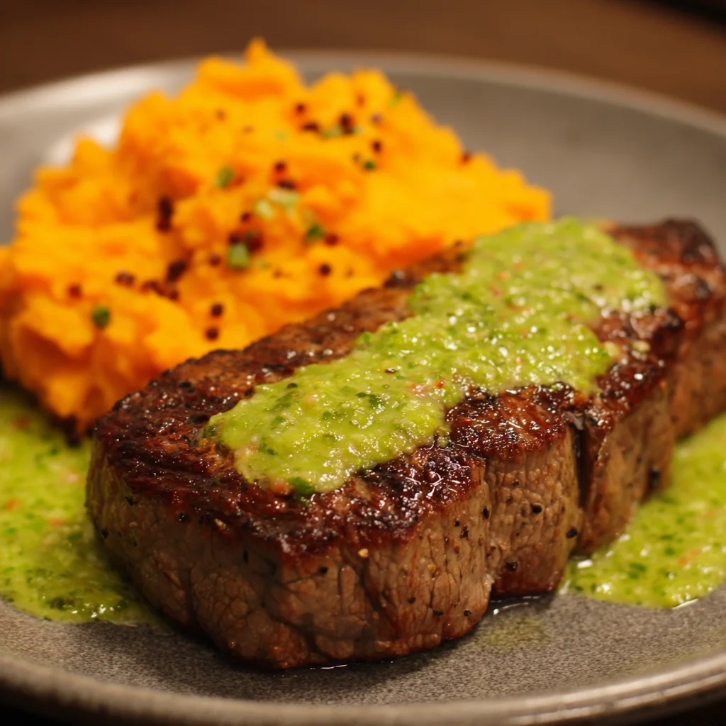 Steak with Green Sauce and Mashed Sweet Potatoes