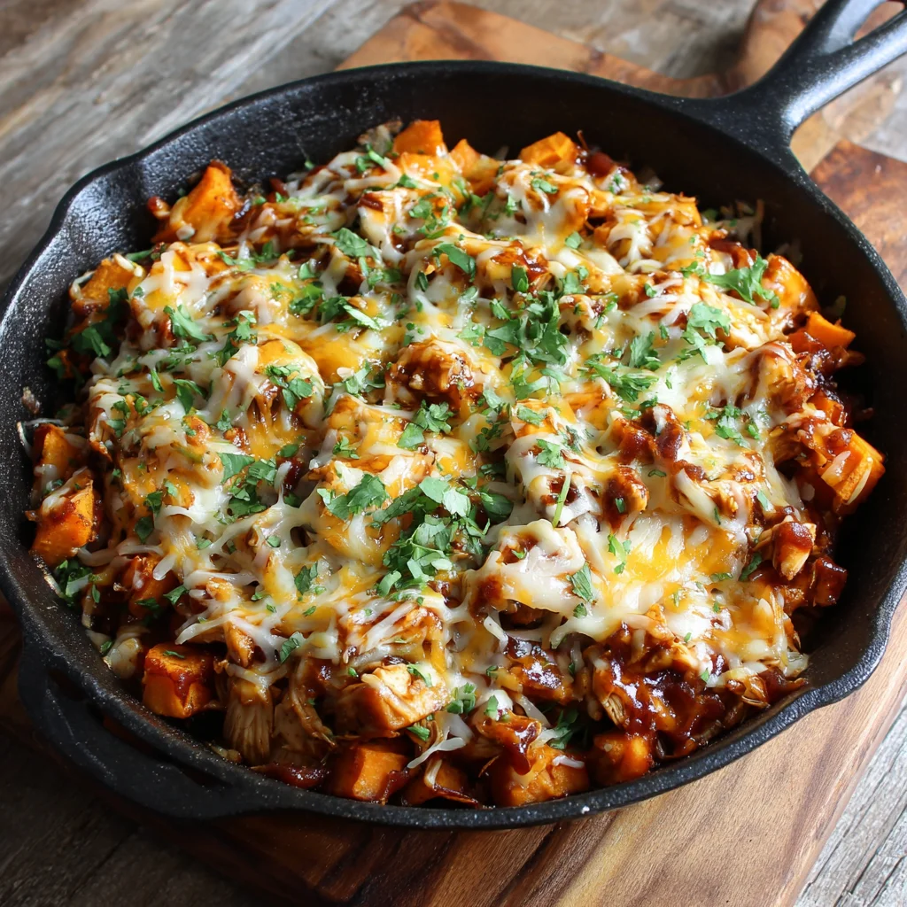 Sweet Potato Skillet with BBQ Chicken & Cheese