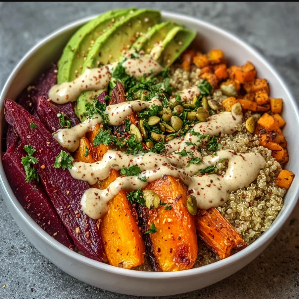 Vibrant Harvest Buddha Bowl with Roasted Roots, Avocado & Silky Tahini