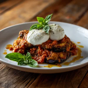 Creamy eggplant parmesan with burrata