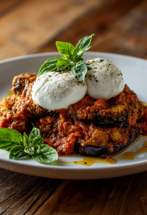 Creamy eggplant parmesan with burrata