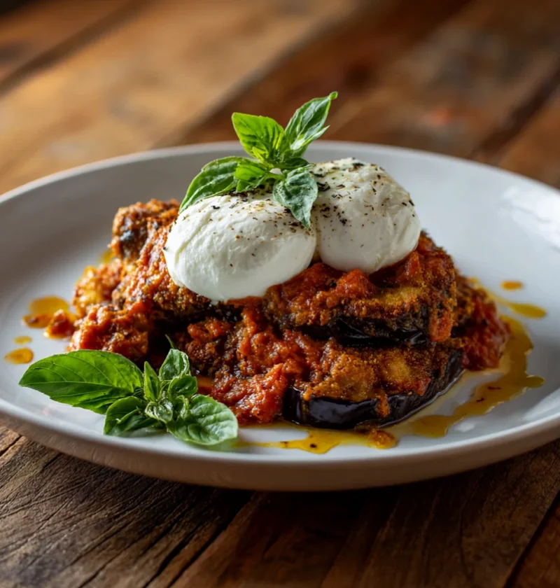 Creamy eggplant parmesan with burrata