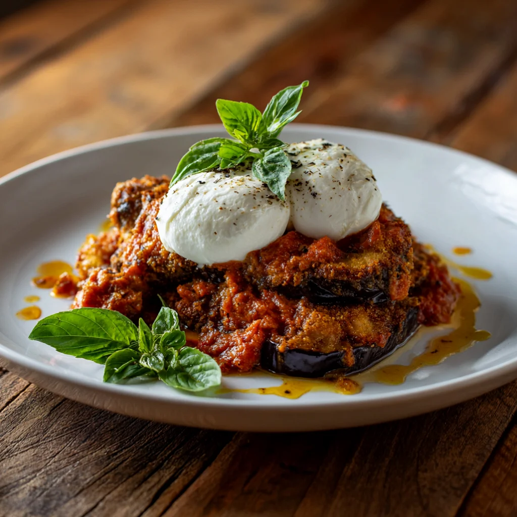 Creamy eggplant parmesan with burrata