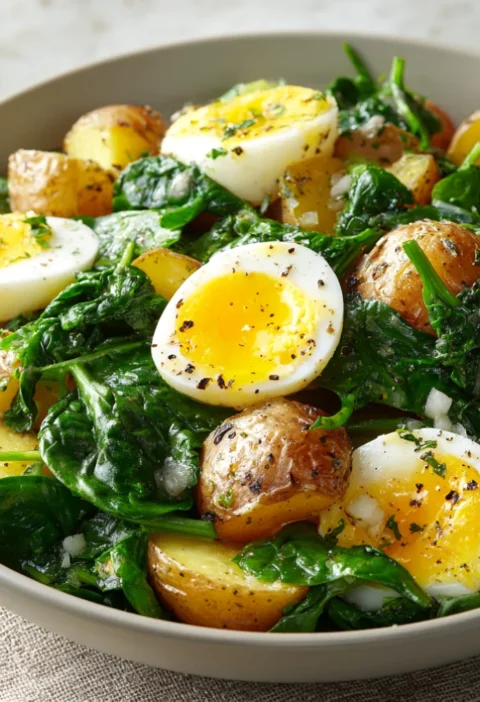 Garlic Roasted Potato Spinach Salad with Eggs