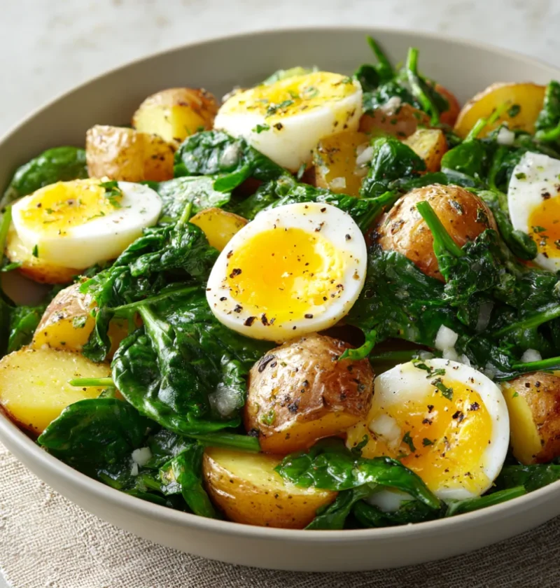 Garlic Roasted Potato Spinach Salad with Eggs