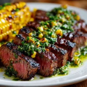 Juicy grilled steak slices topped with fresh chimichurri and charred corn