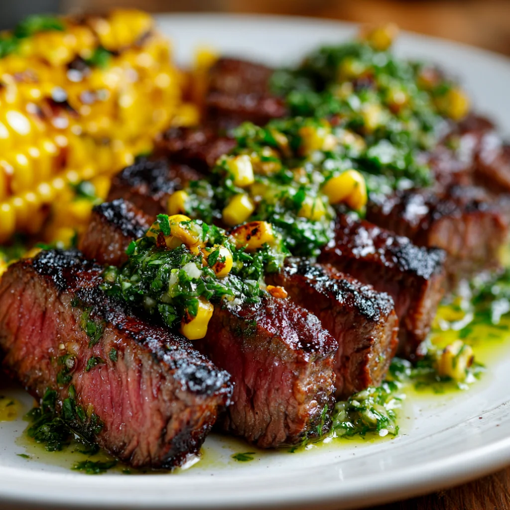 Juicy grilled steak slices topped with fresh chimichurri and charred corn
