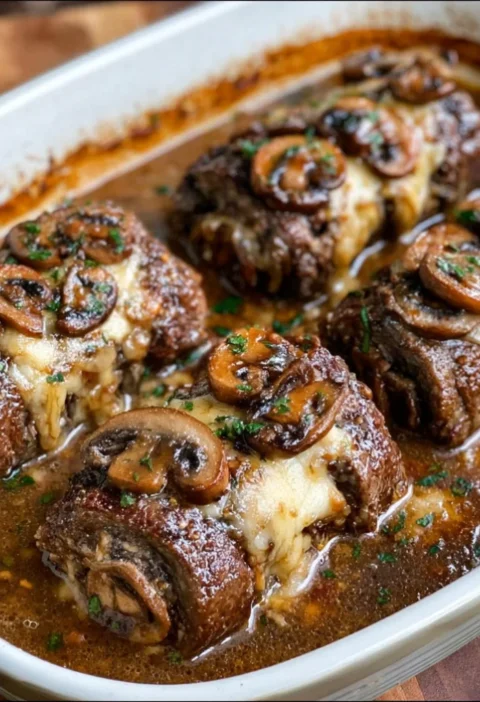 Oven-Baked Mushroom Swiss Steak Rolls