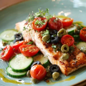 Salmon with Tomatoes, Olives, Capers, and Fresh Cucumber