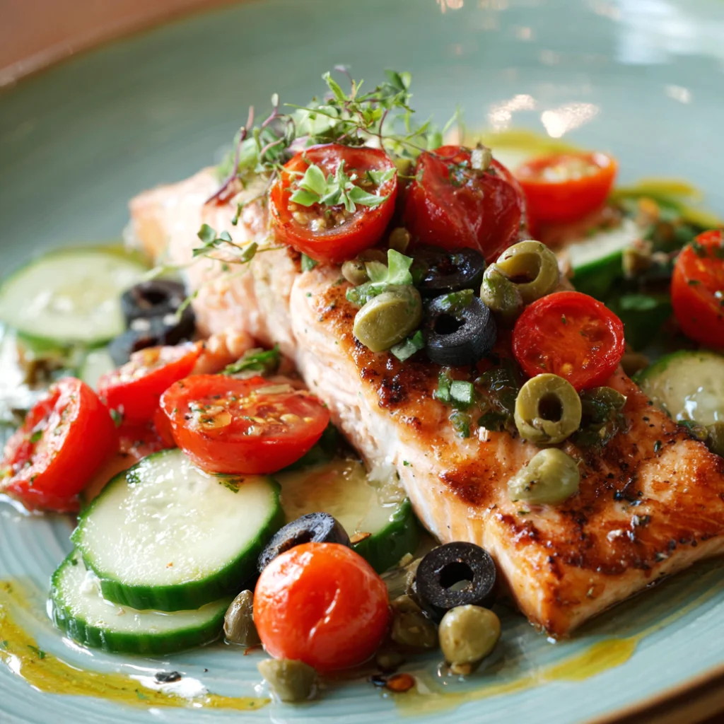 Salmon with Tomatoes, Olives, Capers, and Fresh Cucumber