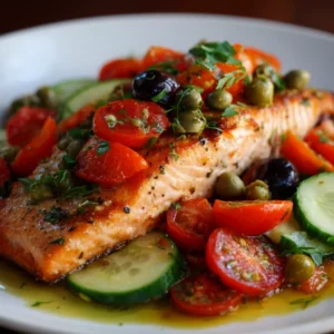 Salmon with Tomatoes, Olives, Capers, and Fresh Cucumber