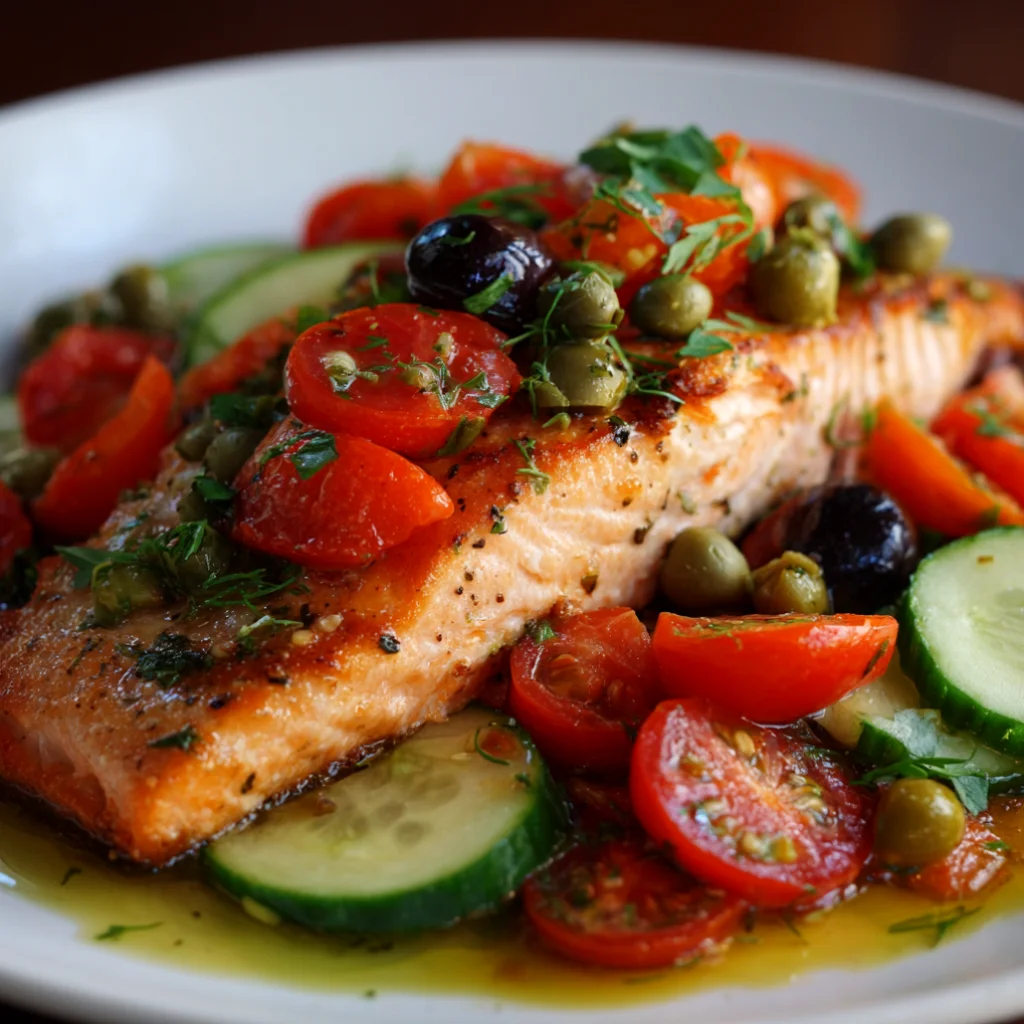 Salmon with Tomatoes, Olives, Capers, and Fresh Cucumber