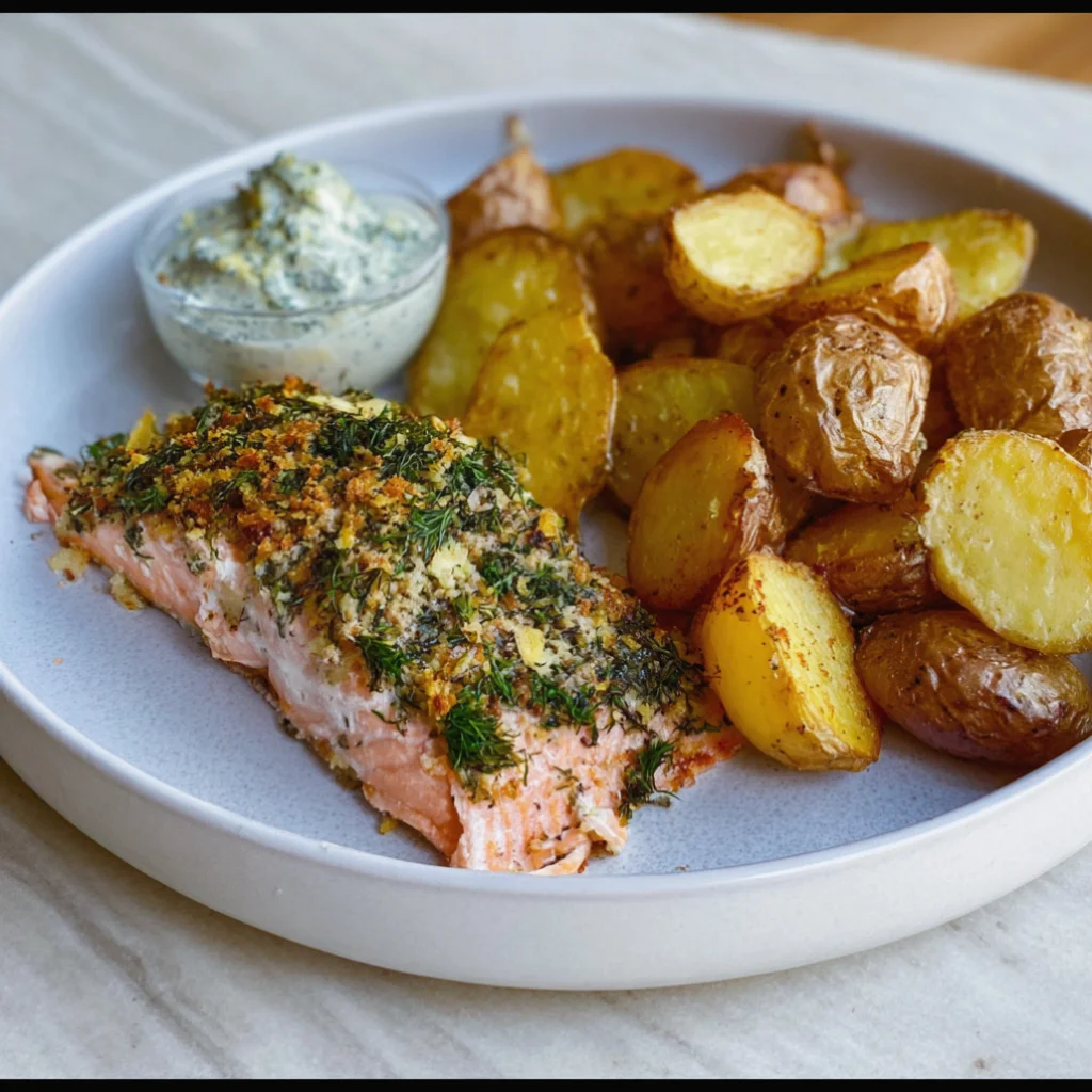 Baked Salmon with Lemon Herb Crust and Roasted Potatoes