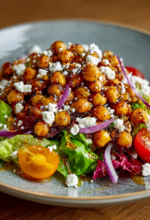 Crispy Chickpea Feta Salad with Hot Honey Vinaigrette