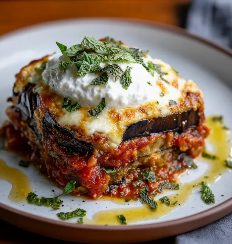 Easy Baked Eggplant Parmesan Topped with Burrata Cheese