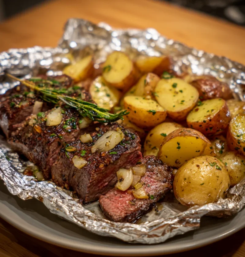 Foil Baked Garlic Butter Steak and Potatoes