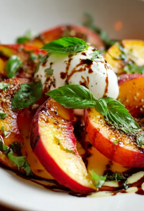 Fresh Peach Caprese Salad With Burrata and Basil