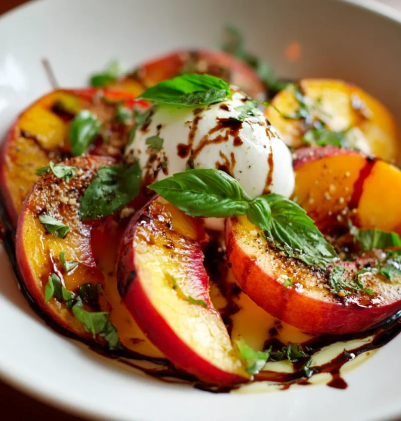 Fresh Peach Caprese Salad With Burrata and Basil
