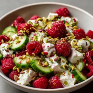Fresh Raspberry Cucumber Salad with Creamy Feta and Pistachios