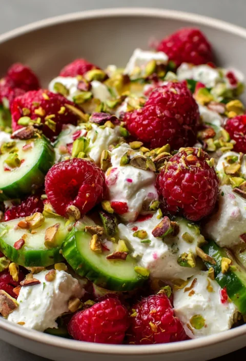 Fresh Raspberry Cucumber Salad with Creamy Feta and Pistachios