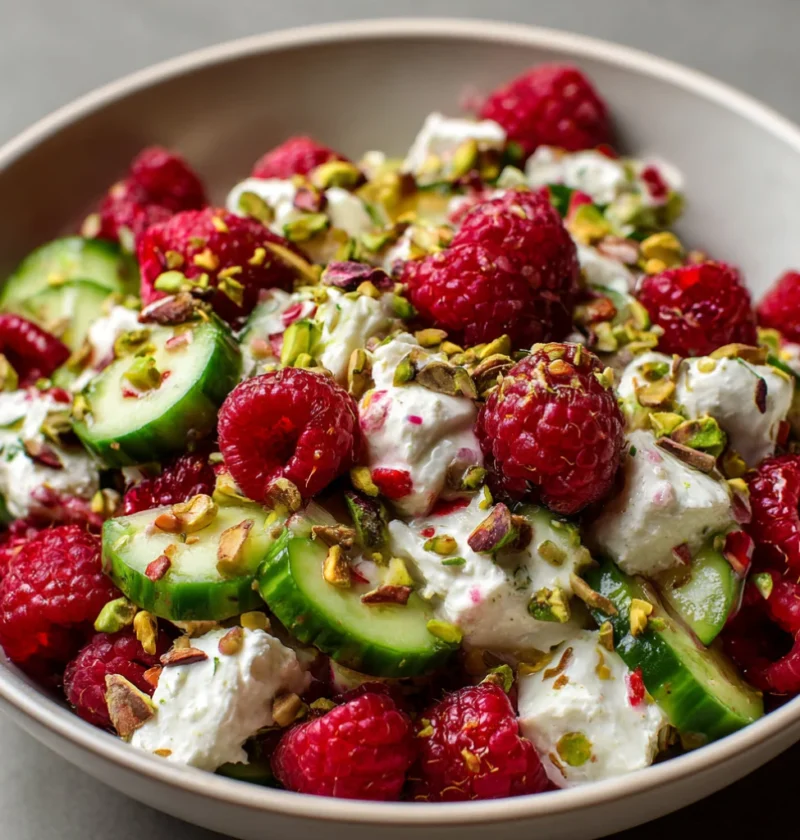 Fresh Raspberry Cucumber Salad with Creamy Feta and Pistachios