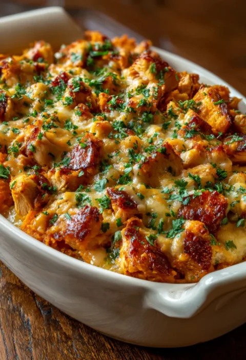 Healthy Buffalo Chicken Sweet Potato Casserole