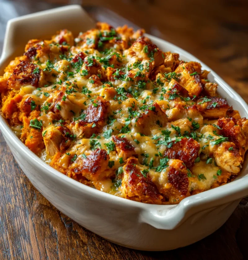 Healthy Buffalo Chicken Sweet Potato Casserole