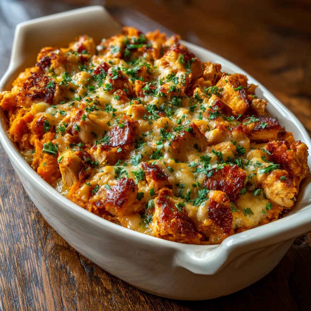 Healthy Buffalo Chicken Sweet Potato Casserole