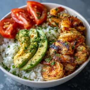 Rice Bowl With Grilled Shrimp And Avocado Slices