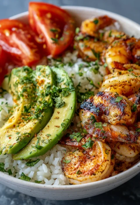 Rice bowl with grilled shrimp and avocado slices