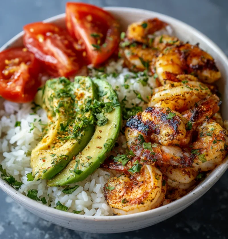 Rice bowl with grilled shrimp and avocado slices