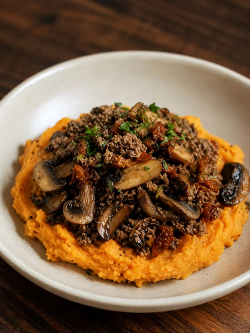 Savory Turkey & Mushroom Bowl With Mashed Sweet Potatoes