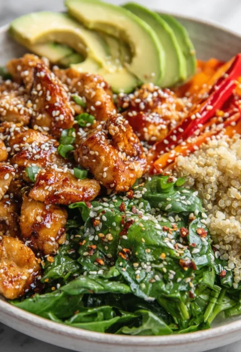 sweet and spicy chicken quinoa bowl