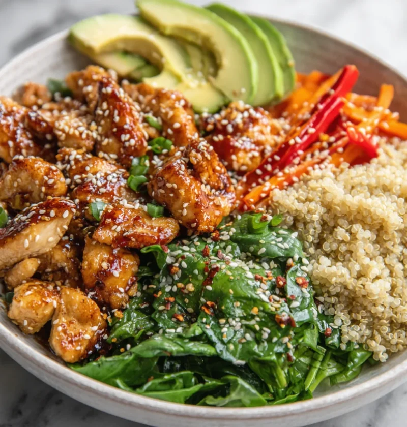 sweet and spicy chicken quinoa bowl