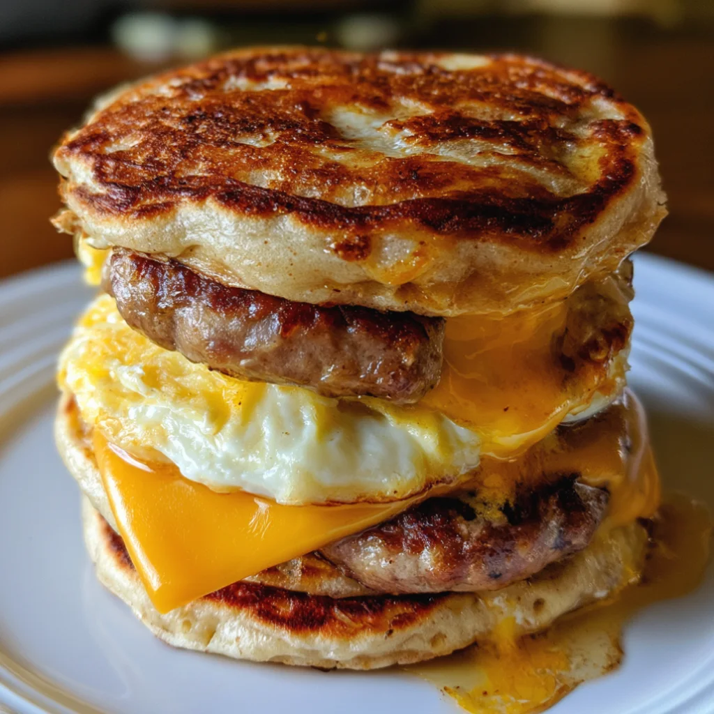 Breakfast Pancake Sandwich with Sausage, Egg & Cheese