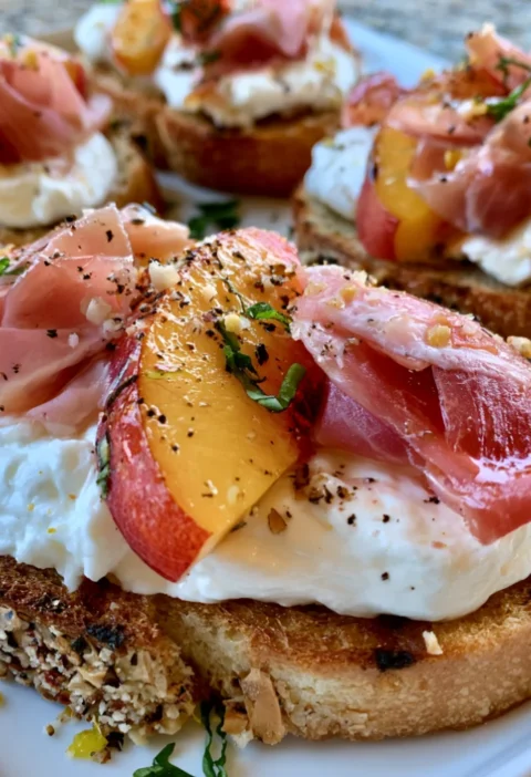 Delicious Burrata Crostini with Prosciutto and Peaches