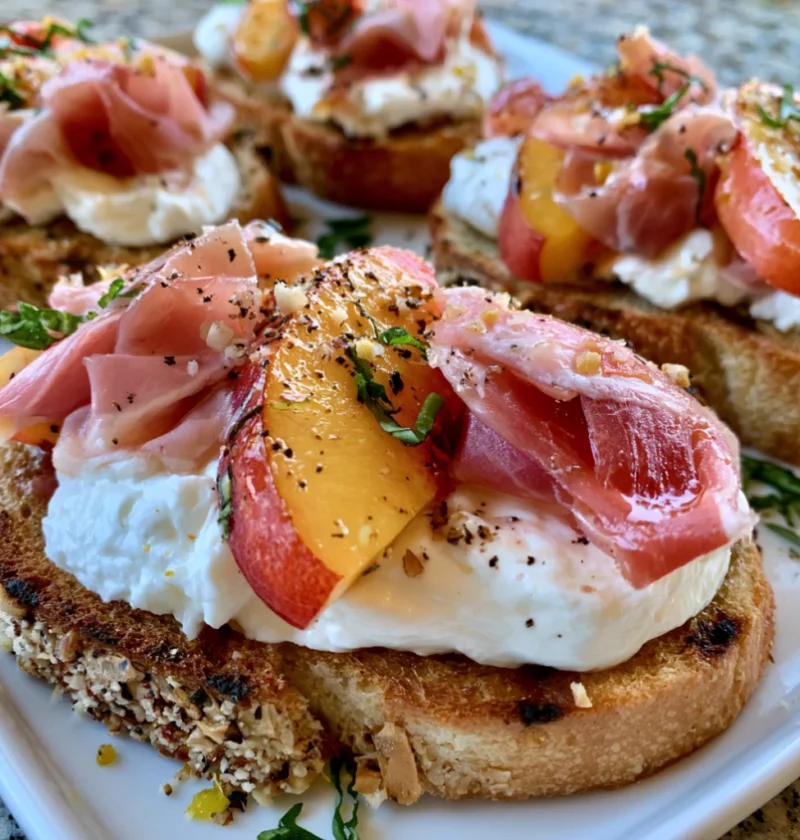Delicious Burrata Crostini with Prosciutto and Peaches