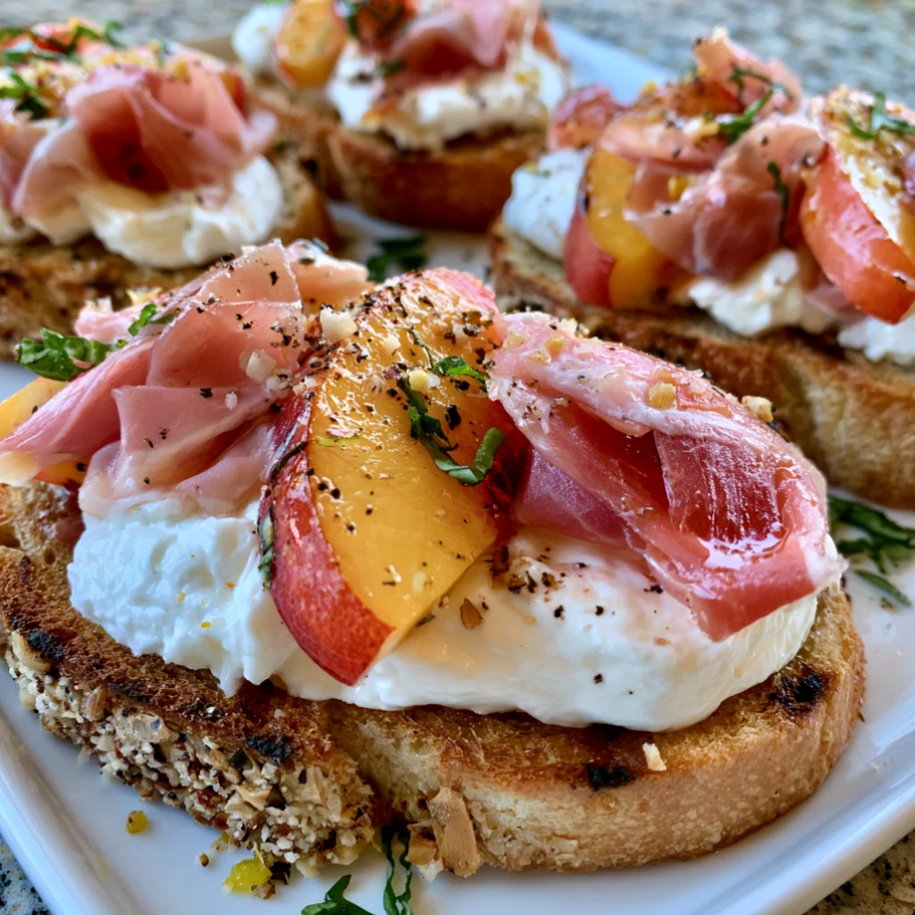 Delicious Burrata Crostini with Prosciutto and Peaches