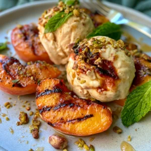 Grilled Peaches with Honey Pistachio Ice Cream
