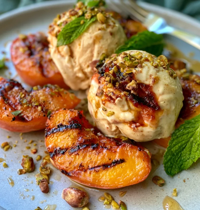 Grilled Peaches with Honey Pistachio Ice Cream